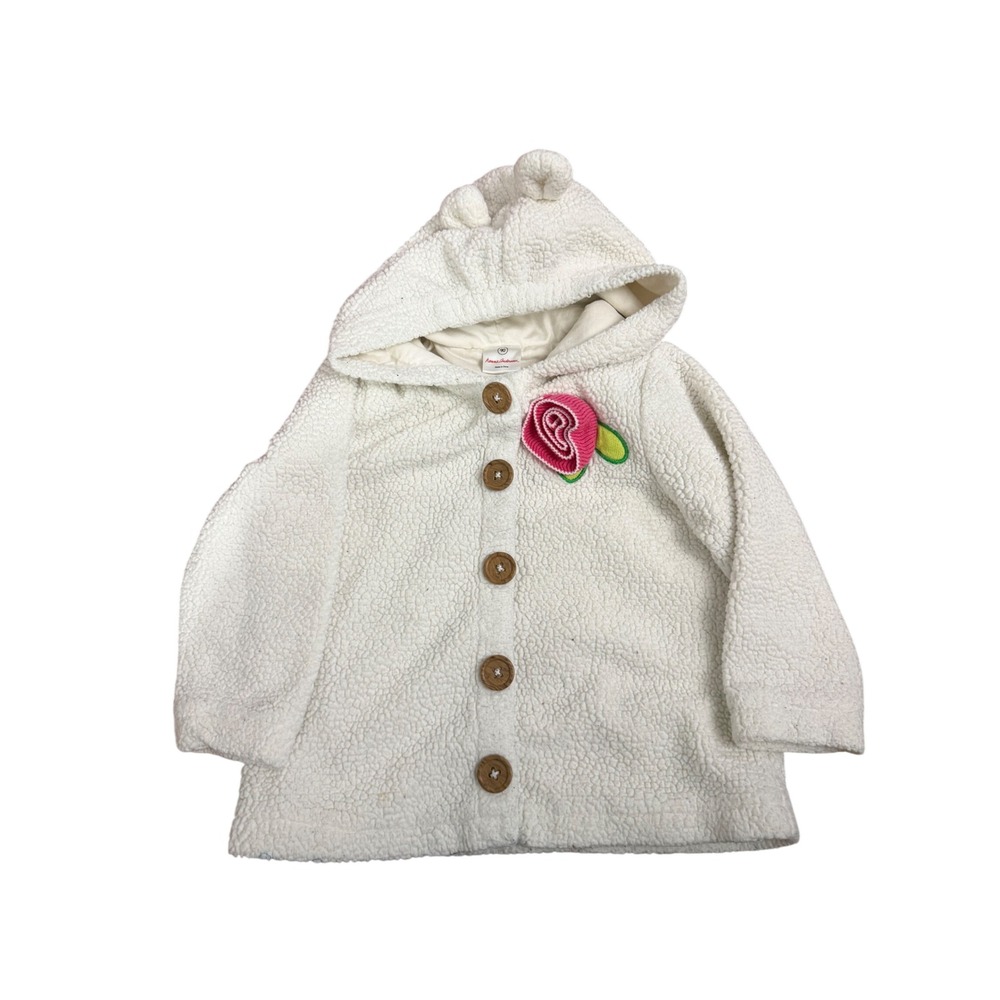 Hanna Andersson Girls White Sherpa Bear Ear Hooded Jacket Rose Applique Size 90